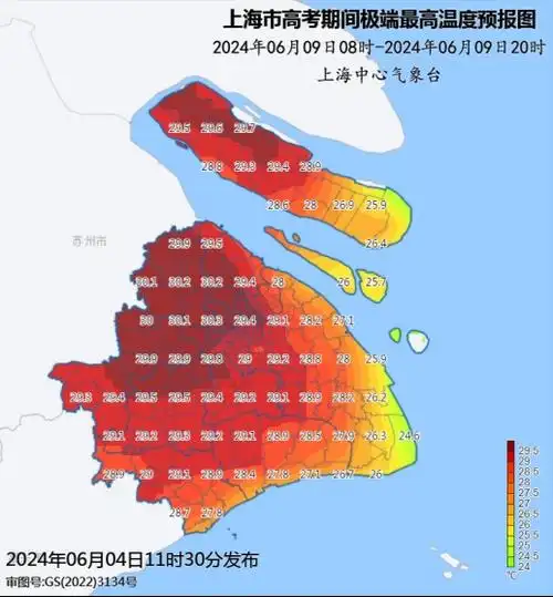 附图2:上海市高考期间极端最高温度预报图附图1:上海市高考期间集中
