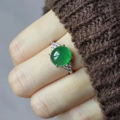 汉桑珠宝天然a货戒面阳绿玉戒指蛋面镶嵌18k白金钻石翡翠戒指女款_7折