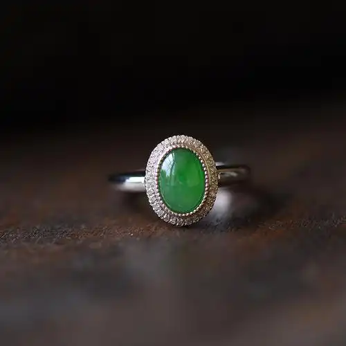 梵瑾18k金白翡翠戒指单圈钻石镶嵌民族风饰品复古文艺女珠宝包邮