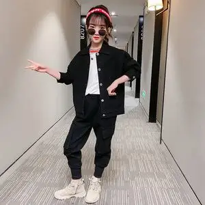 女童牛仔套装潮流个性有范霸气小孩子秋季新款衬衫裤子一身衣服.